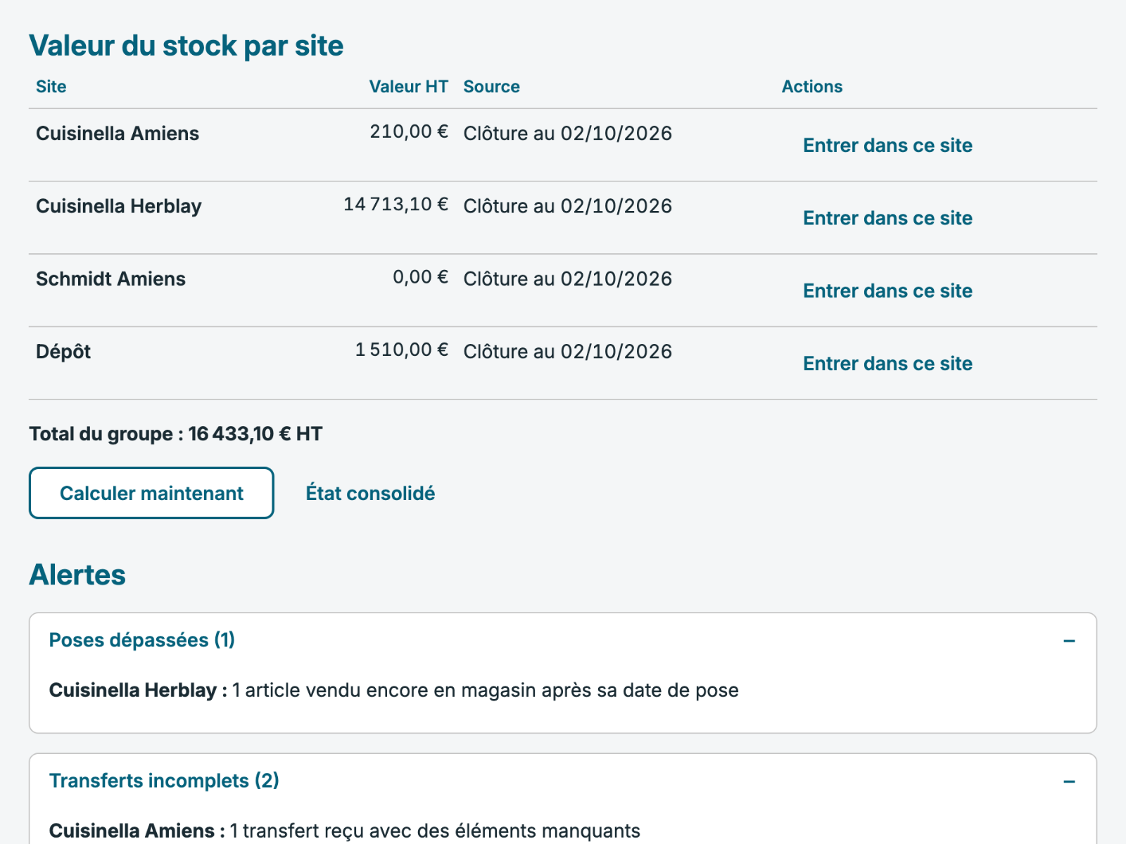 L'accueil de l'administrateur d'un groupe : la valeur du stock de chaque magasin et les alertes du réseau.